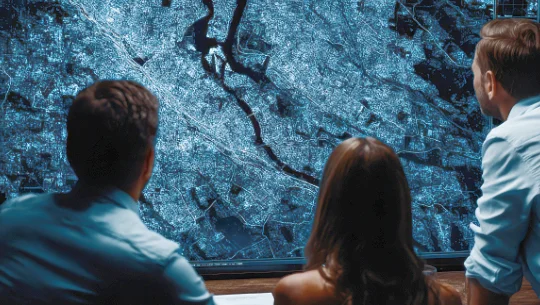 Team members review a satellite image of a city on a large, high-resolution display